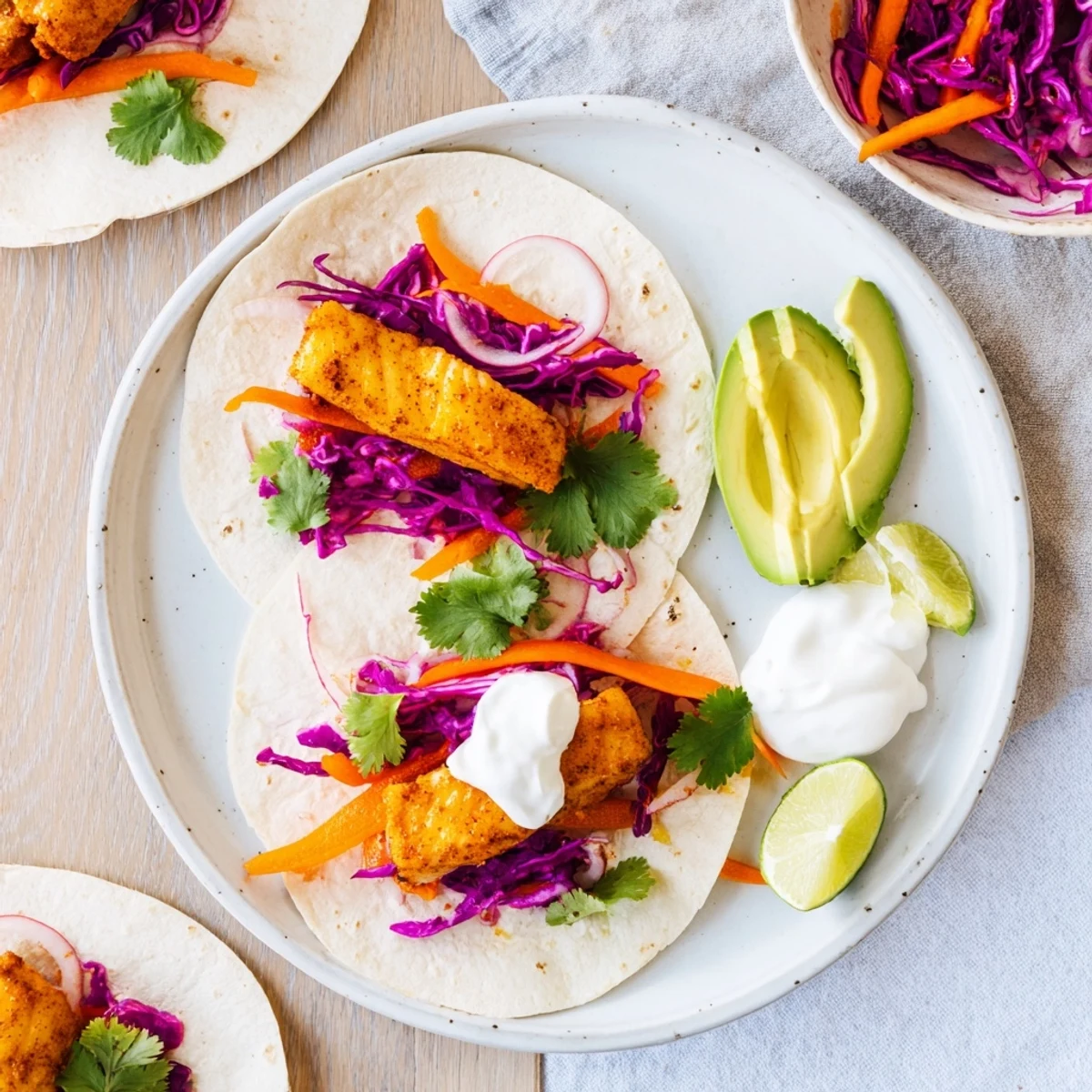 Bright citrus wedges and coriander garnish these colorful Easy As Aussie Barra Tacos, promising a zesty coastal Australian flavor in every bite.