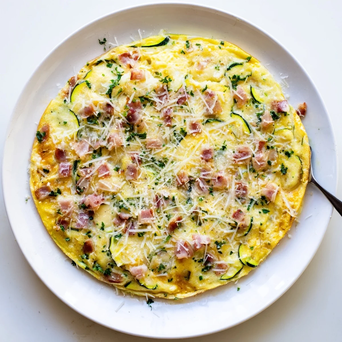 A golden slice of Zucchini Herb and Pancetta Frittata shows tender zucchini and crispy pancetta on a rustic plate.