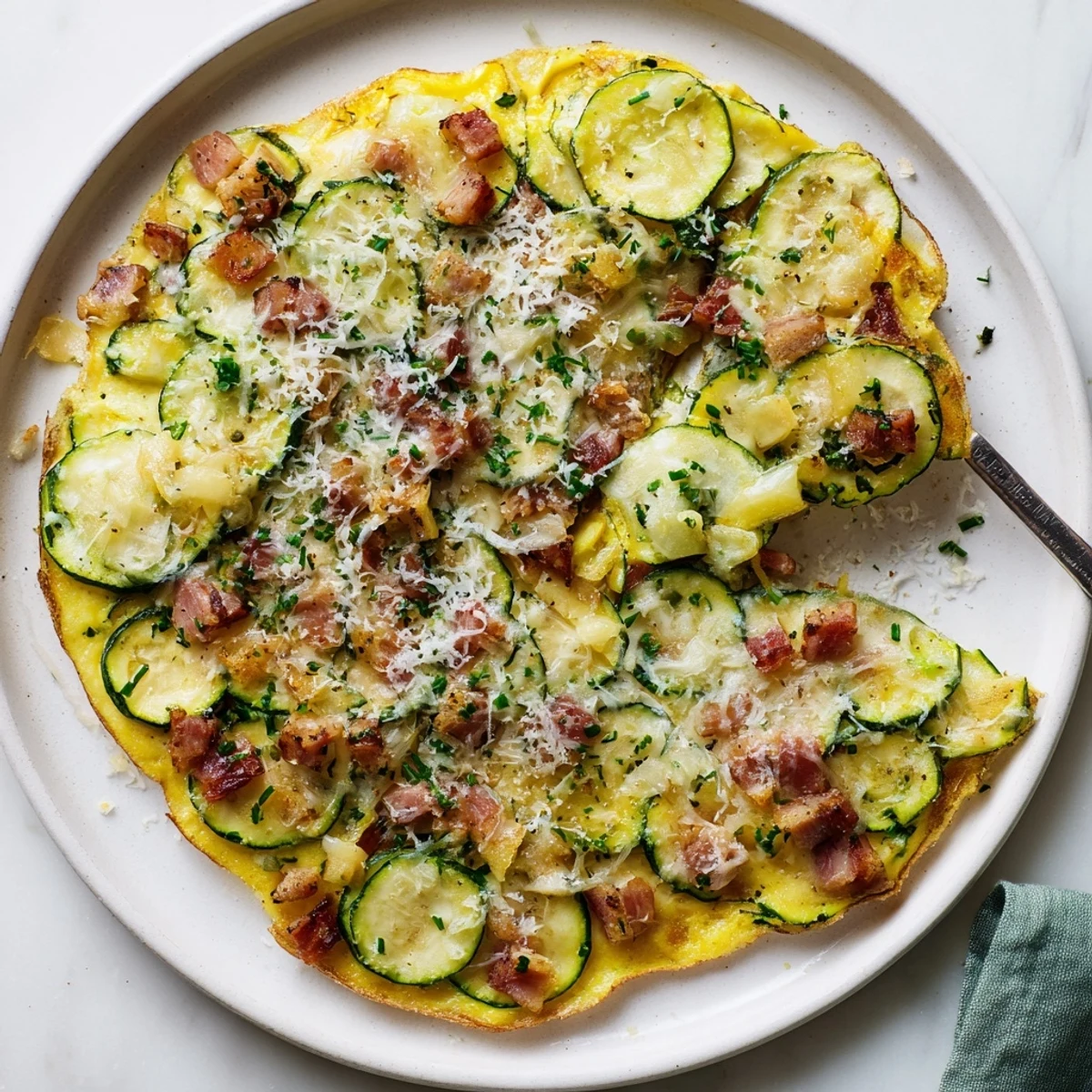 Zucchini Herb and Pancetta Frittata in a skillet, garnished with fresh herbs, served with a side salad.