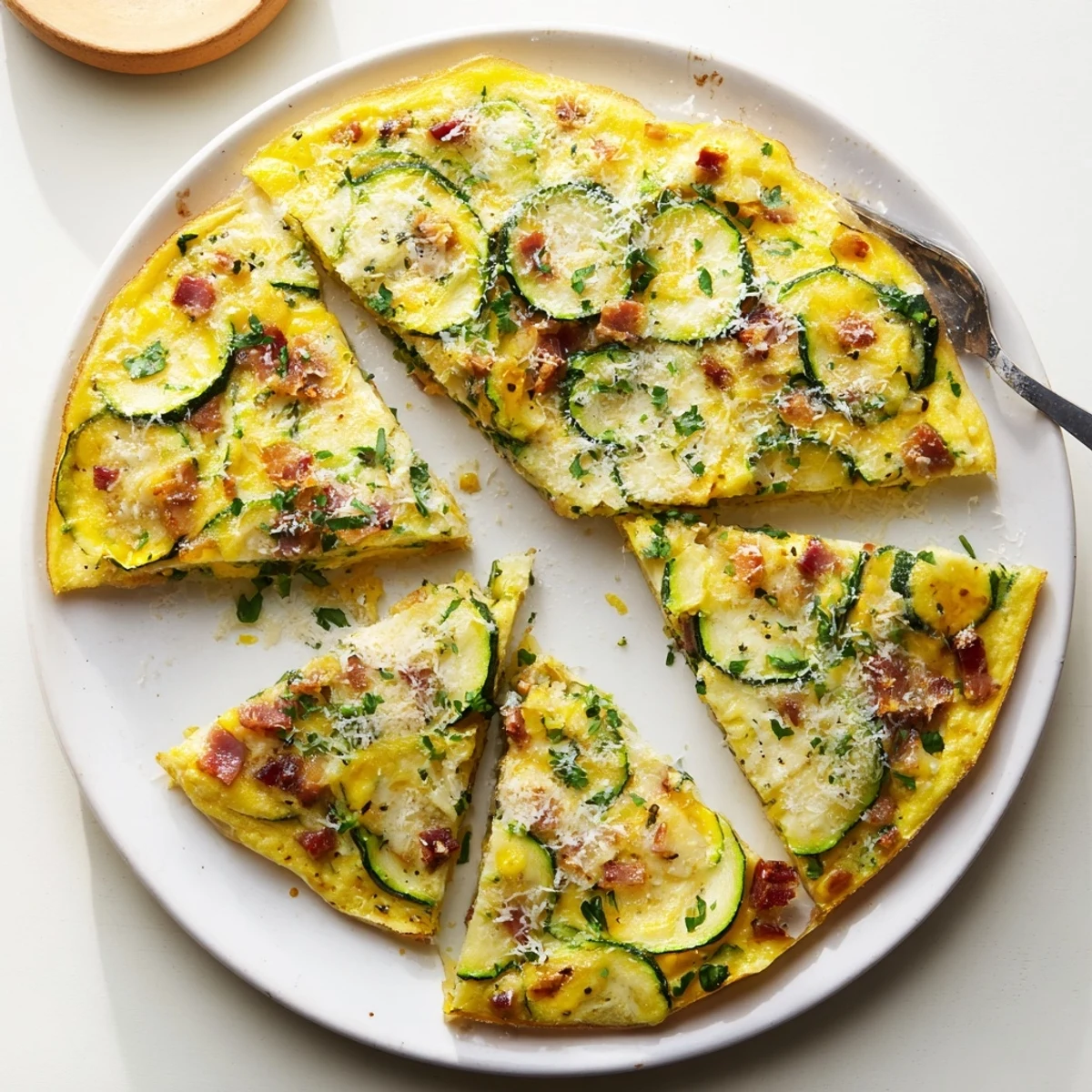 Close-up of Zucchini Herb and Pancetta Frittata highlighting fluffy eggs, melted Parmesan, and savory Italian-inspired flavors.