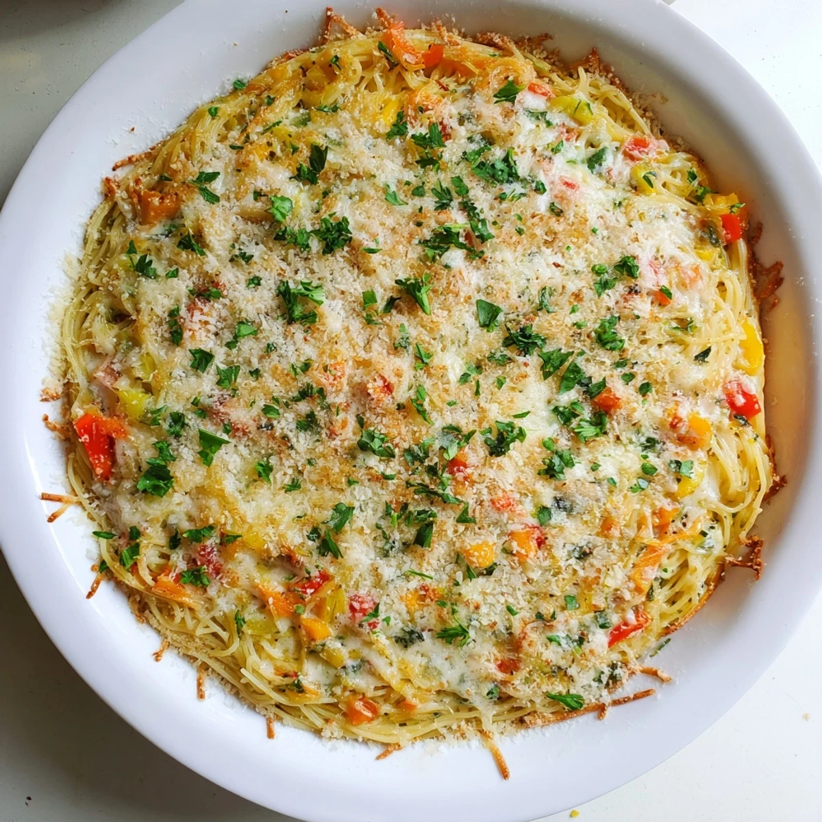 Golden baked Impossible Pasta Pie emerges from the oven, with bubbly mozzarella and Parmesan on top of the golden crust.  