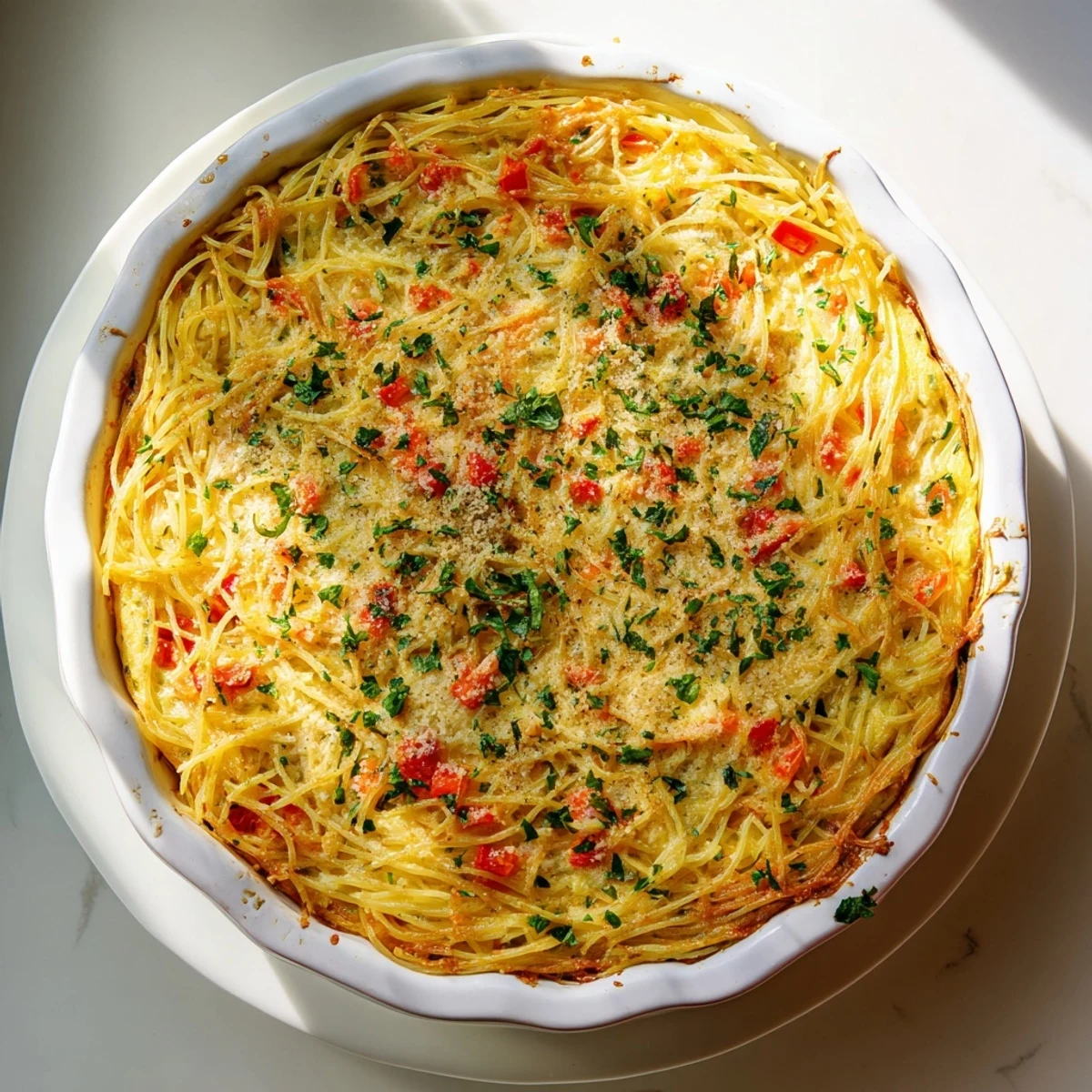 A slice of Impossible Pasta Pie is served on a white plate, revealing layers of spaghetti, bell peppers, and onions.  