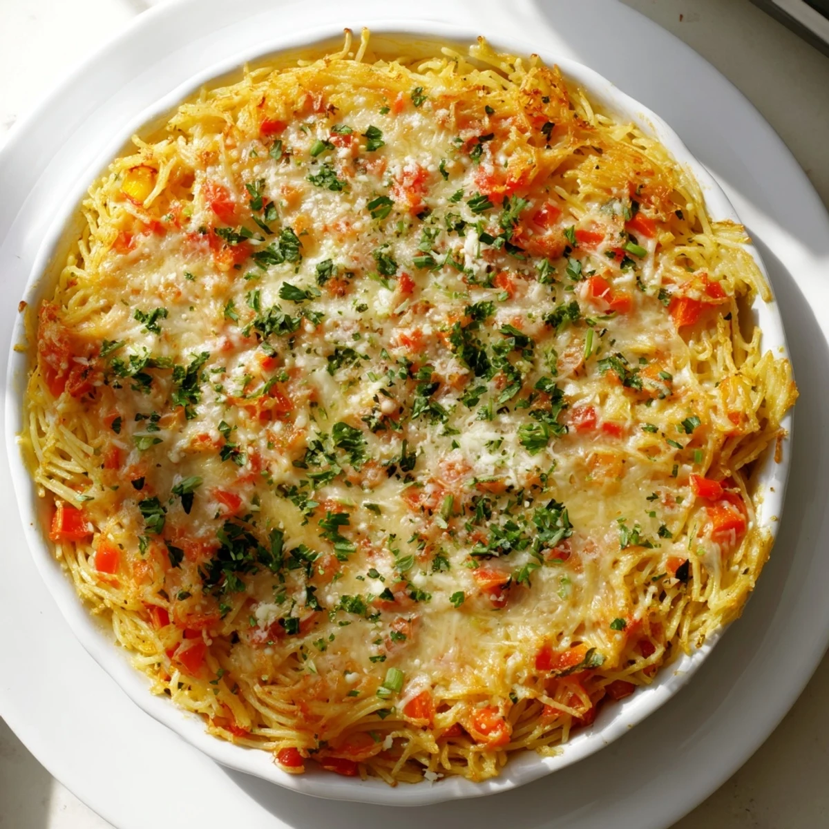 A close-up of Impossible Pasta Pie shows a fluffy, egg-rich custard with fresh basil garnish.