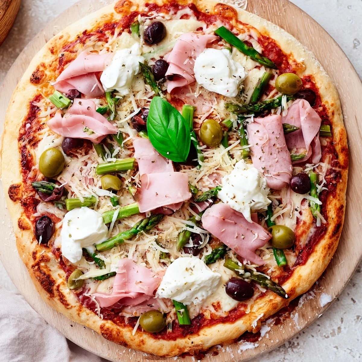A close-up shows fresh basil garnish and bubbling mozzarella on a vibrant Ham, Olive, Asparagus, and Ricotta Pizza, ready to slice.