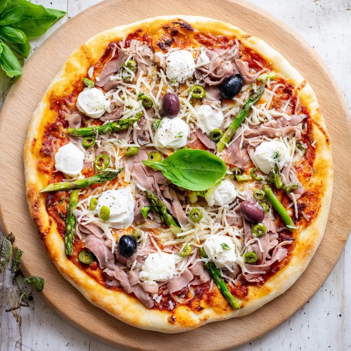 Sliced wedges of Ham, Olive, Asparagus, and Ricotta Pizza reveal a crisp base with savory ham, green asparagus, and ricotta.