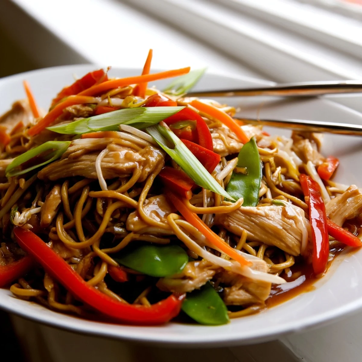 A close-up of homemade Chicken Chow Mein with colorful bell peppers, carrots, and bean sprouts.