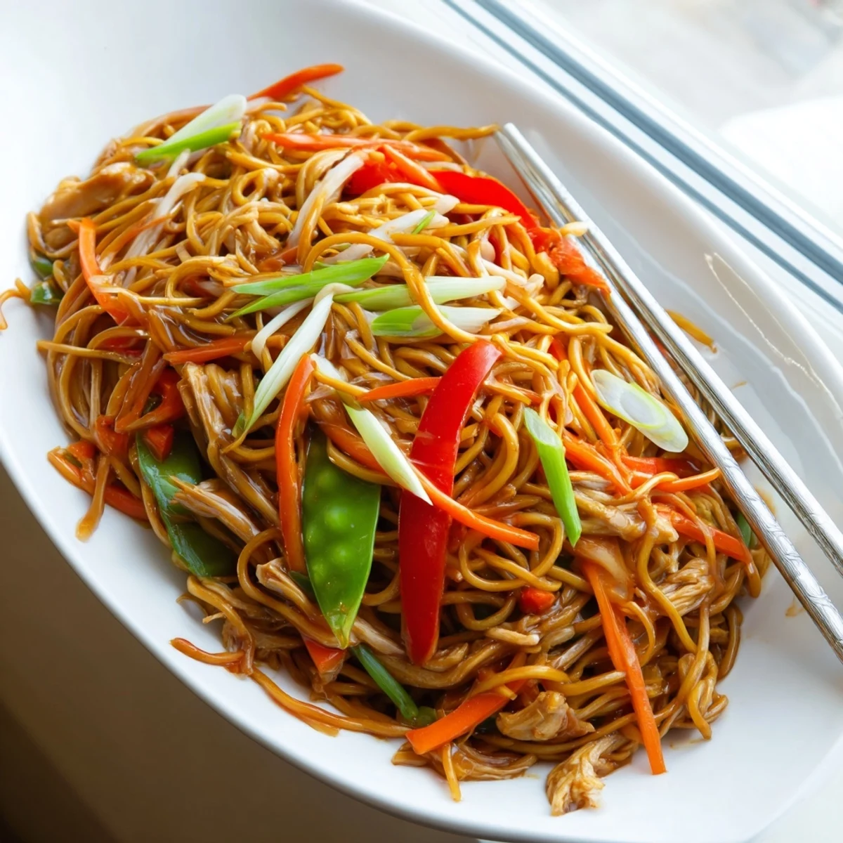 Hot wok-tossed Chicken Chow Mein served in a bowl, garnished with green onions and sesame seeds.