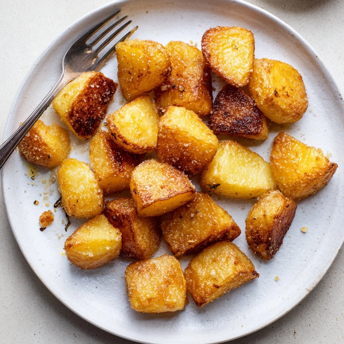 Perfect Crispy Roast Potatoes served golden brown and crunchy on a plate with fresh rosemary sprigs.  
