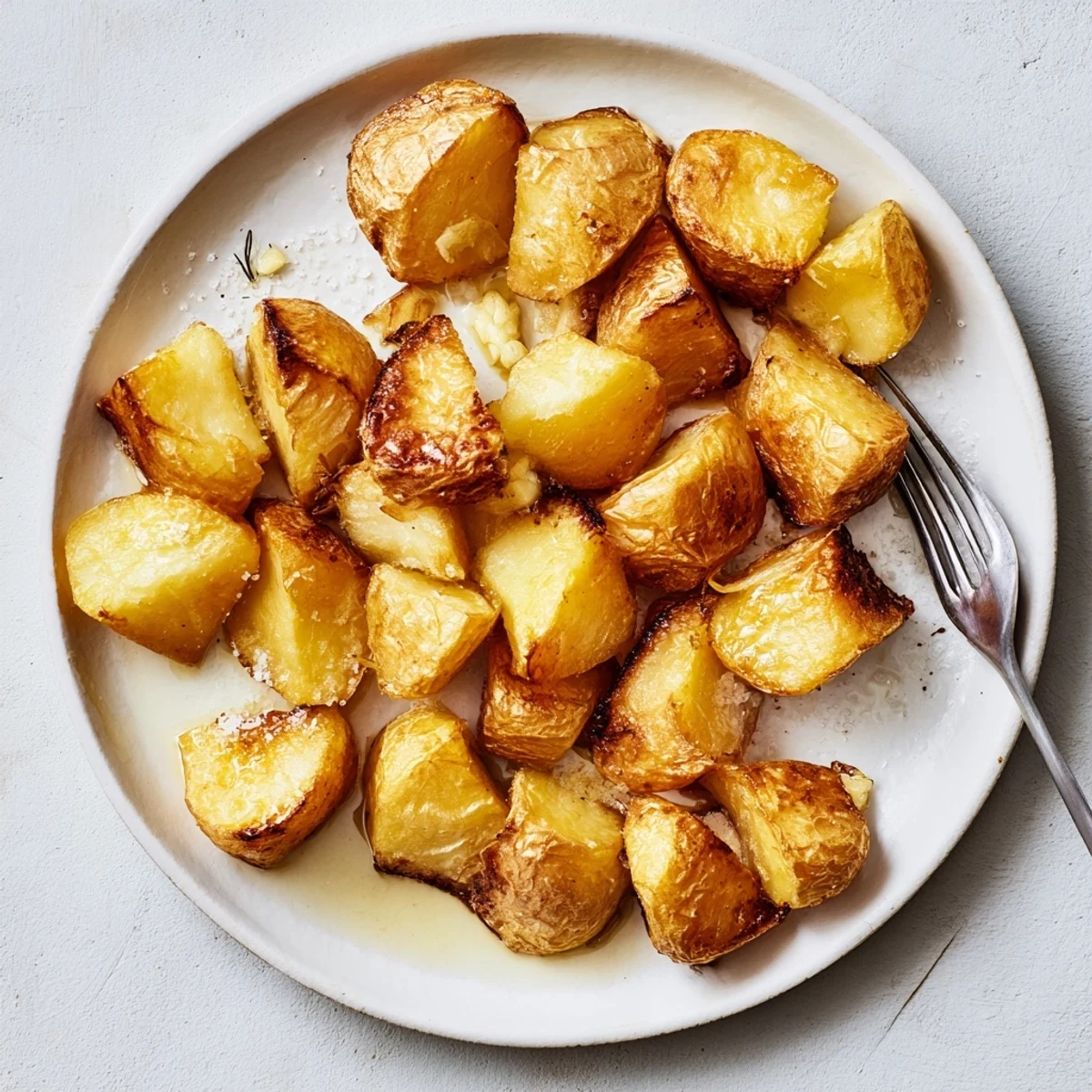 A close up of Perfect Crispy Roast Potatoes with fluffy interiors and a drizzle of gravy.  