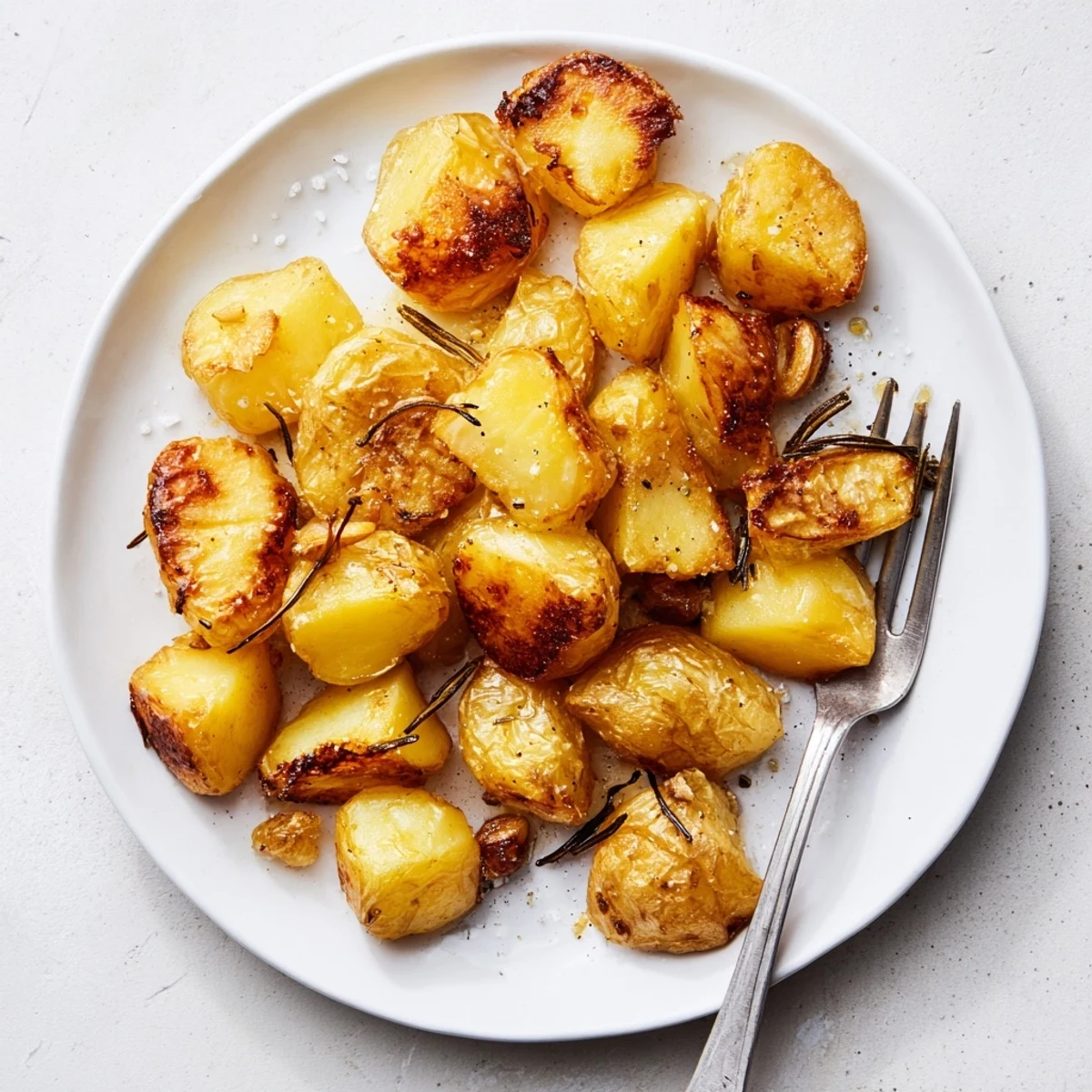 Freshly roasted Perfect Crispy Roast potatoes in a rustic pan with garlic cloves and herbs.