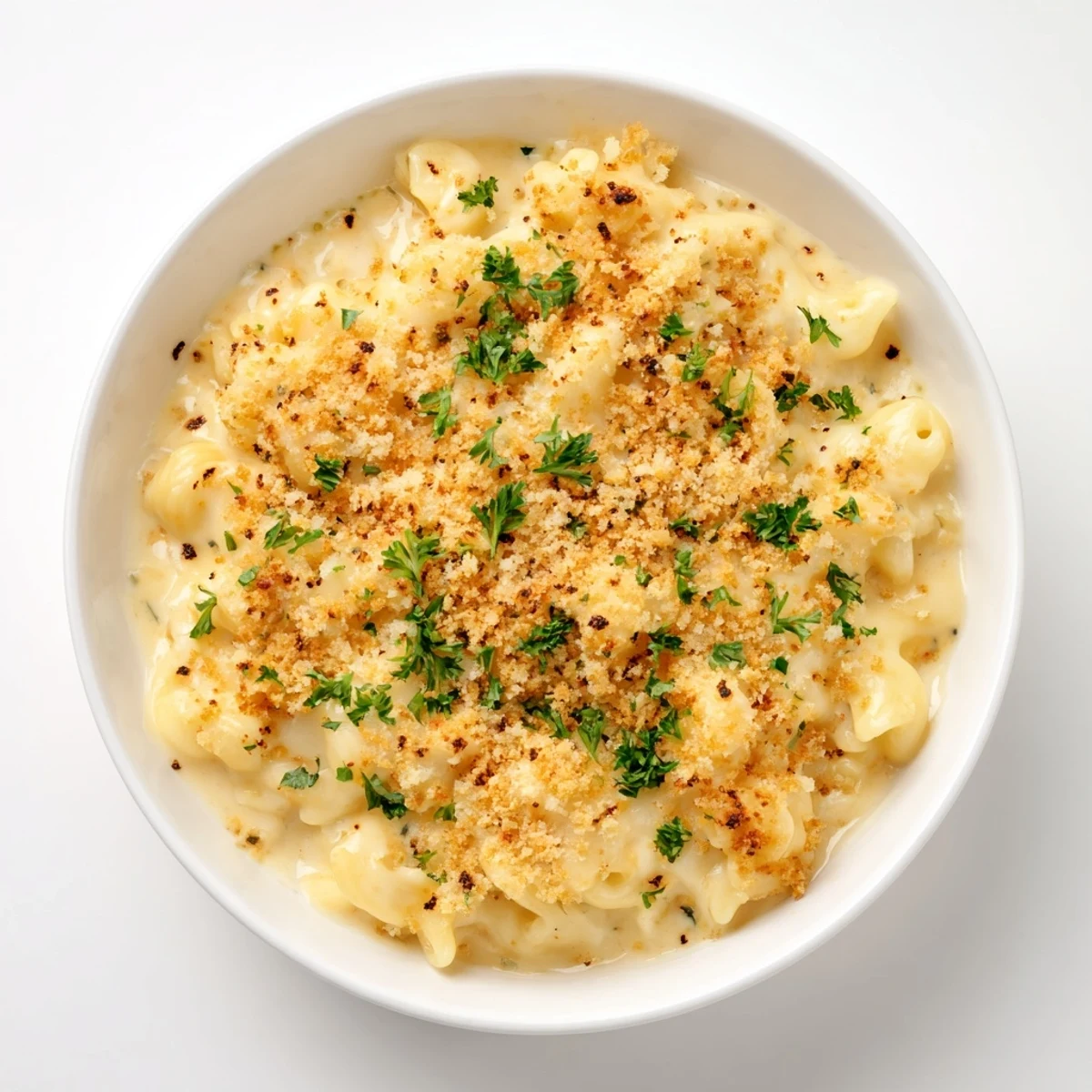 A generous serving of creamy Baked Mac and Cheese in a white dish, garnished with fresh parsley.