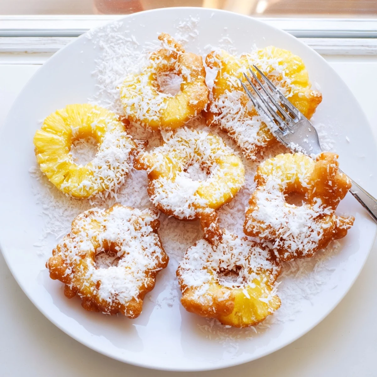 Golden pineapple fritters with crispy batter and powdered sugar dusting on white plate