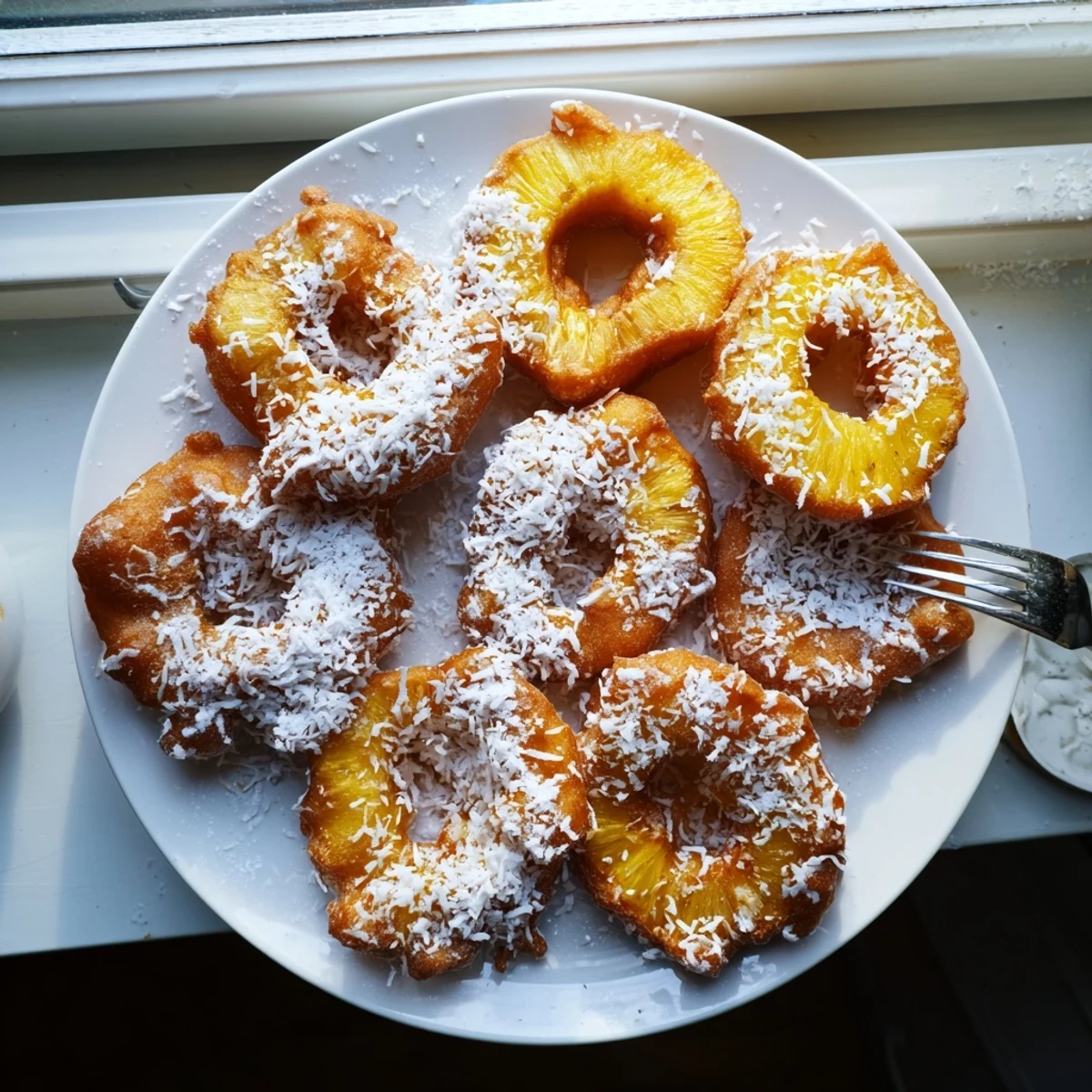 Tropical pineapple fritters topped with powdered sugar and toasted coconut flakes, served warm
