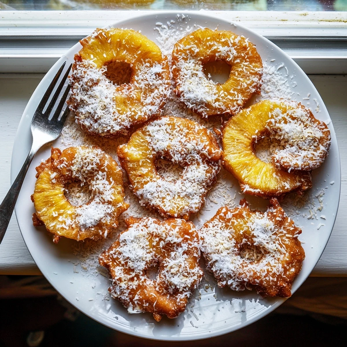 Warm coconut pineapple fritters frying in hot oil until golden brown and crisp