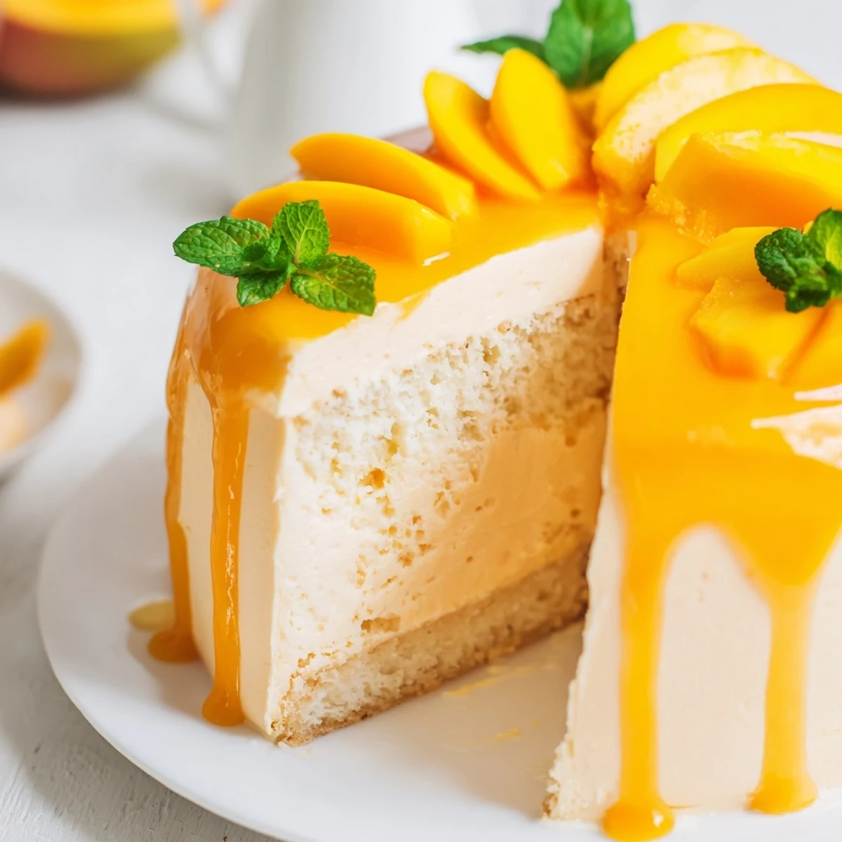 Elegant mango mousse cake topped with glazed fruit and mint sprig for summer dessert