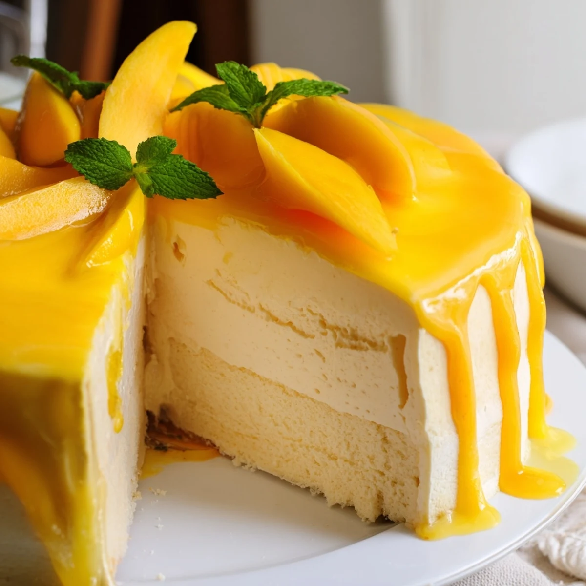 Slice of fluffy mango mousse cake revealing tender sponge layers and vibrant yellow center
