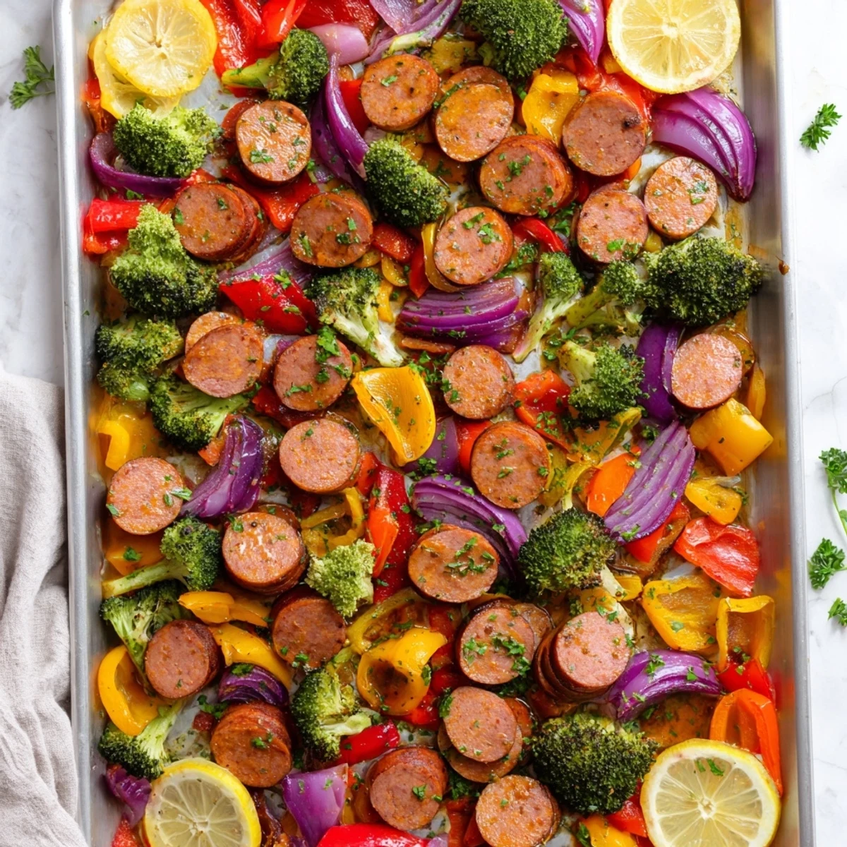 Golden roasted kielbasa and colorful vegetables glazed with honey garlic on a sheet pan