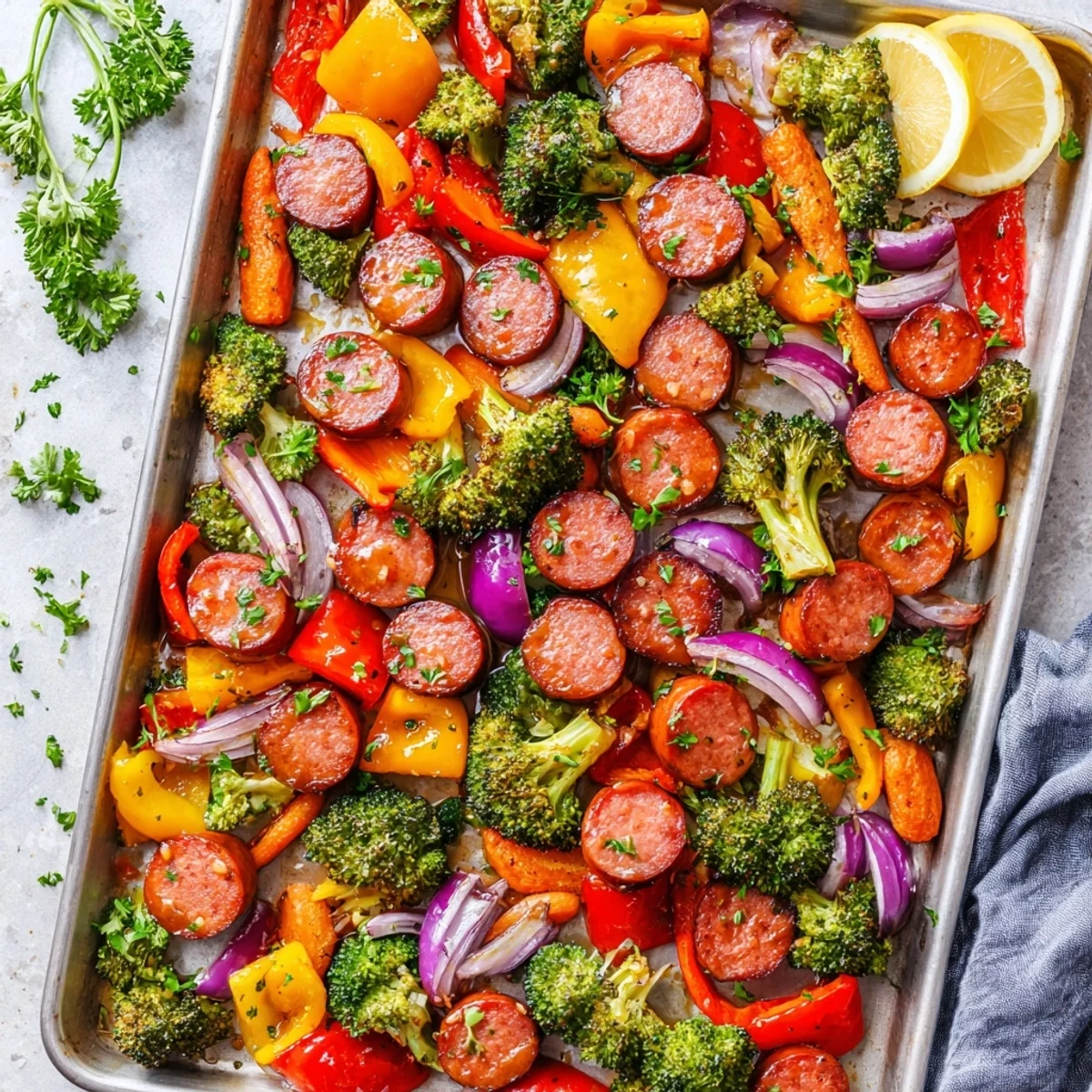 One pan honey garlic kielbasa dinner with tender broccoli peppers and caramelized onions