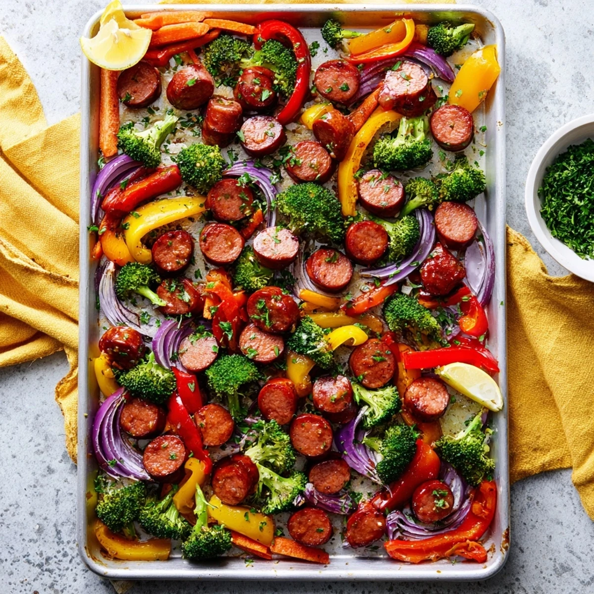 Family friendly honey garlic kielbasa and veggies roasted to perfection on a single baking sheet