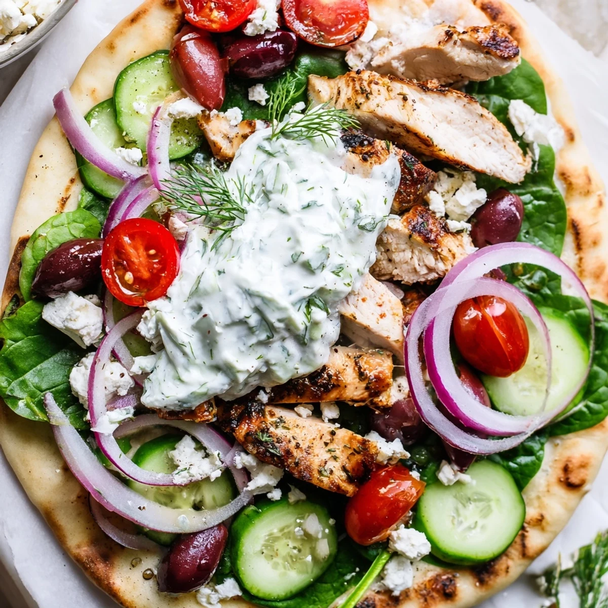 Golden brown Greek chicken flatbread topped with colorful fresh vegetables and creamy tzatziki sauce