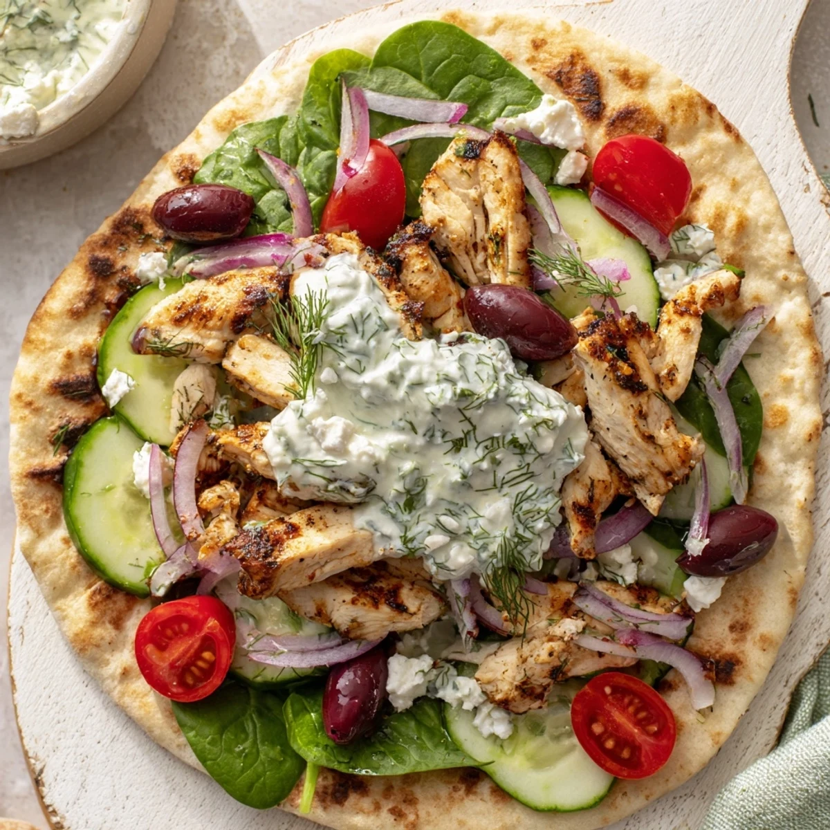 Mediterranean style Greek chicken flatbread drizzled with tzatziki and scattered with Kalamata olives