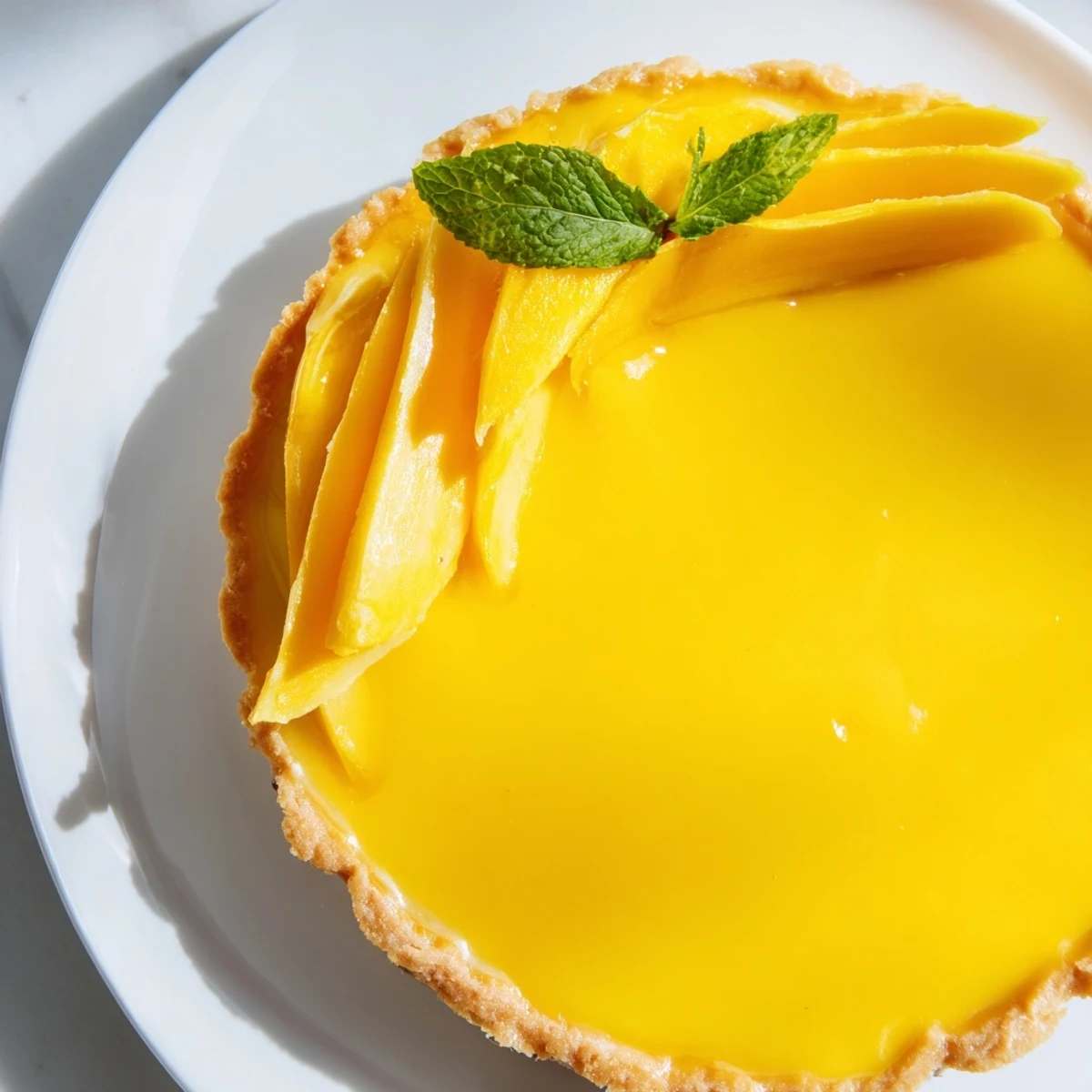 Golden mango curd tart with buttery crust garnished with fresh mango slices and mint