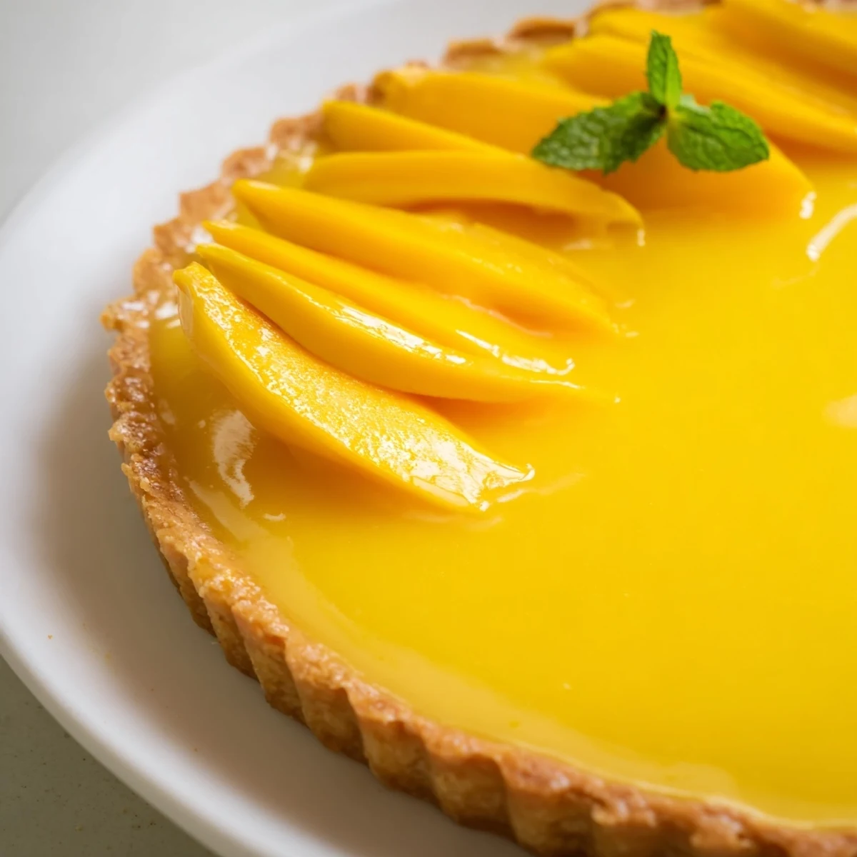 Elegant mango curd tart featuring smooth bright yellow filling in golden baked pastry shell