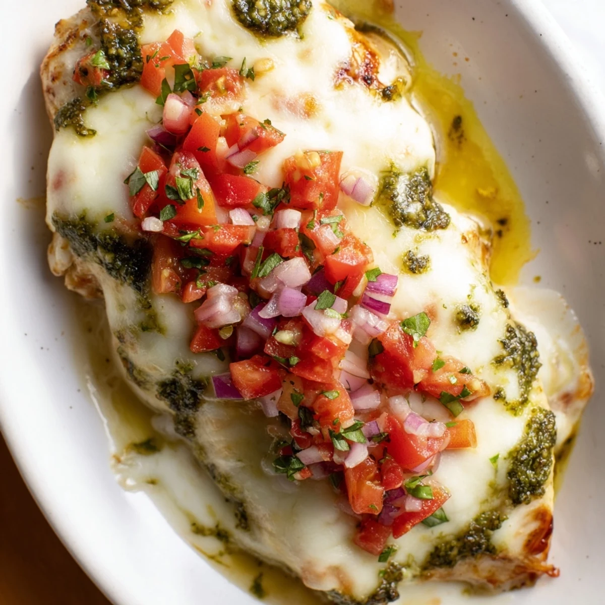 Golden baked Pesto Bruschetta Chicken topped with melted mozzarella and fresh tomato bruschetta