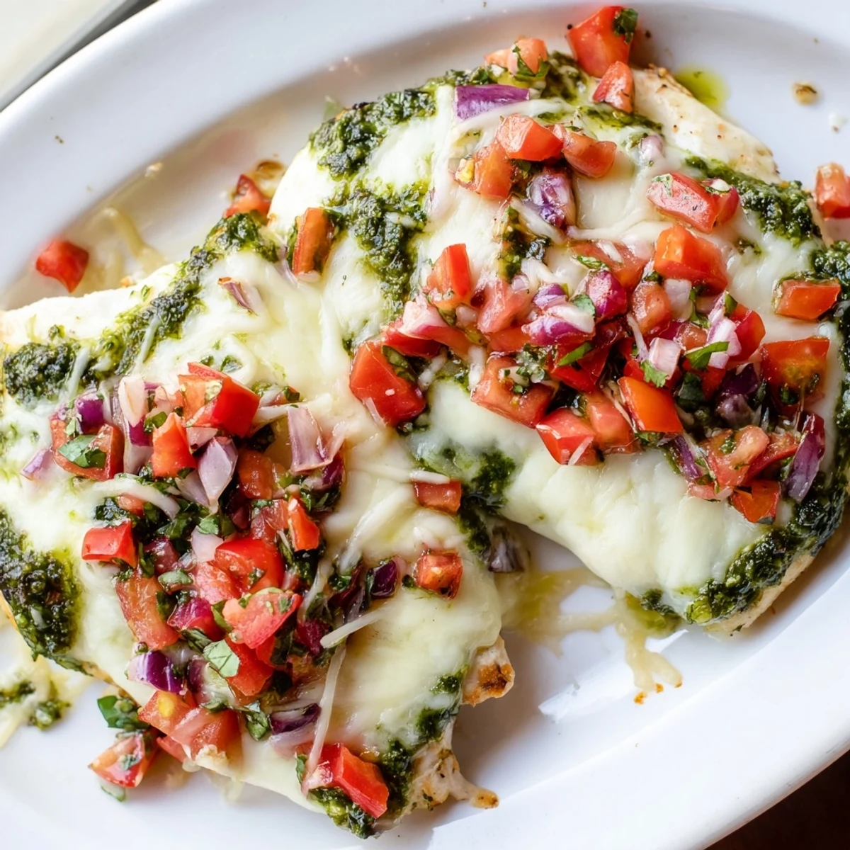 Tender chicken breasts layered with green basil pesto, juicy diced tomatoes, and bubbly cheese