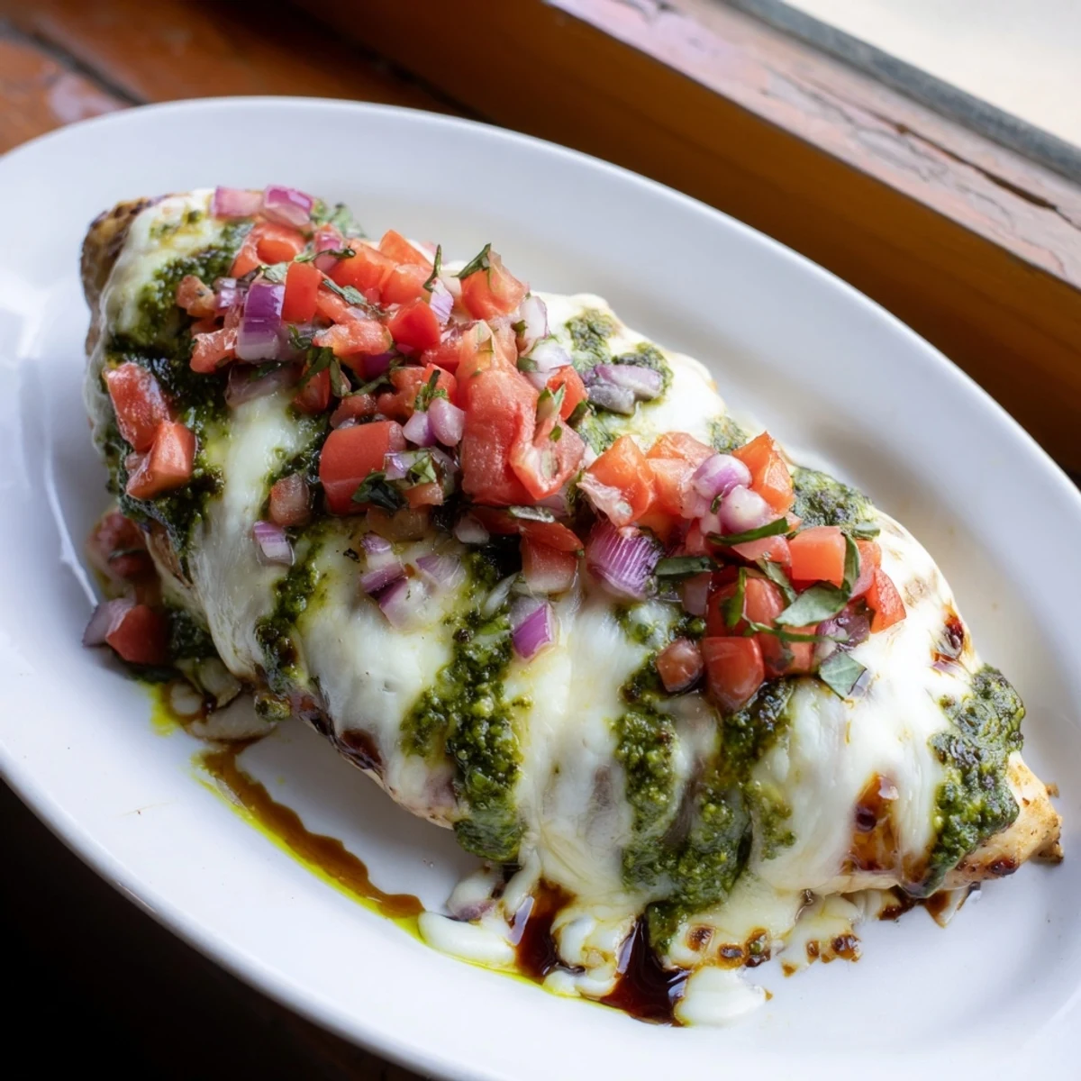 Italian-style Pesto Bruschetta Chicken with colorful bruschetta topping and shredded mozzarella on a white plate