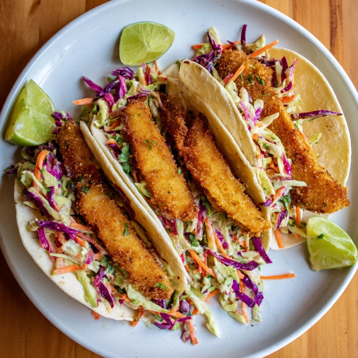 Golden fried crispy fish tacos topped with colorful cilantro lime slaw in warm tortillas