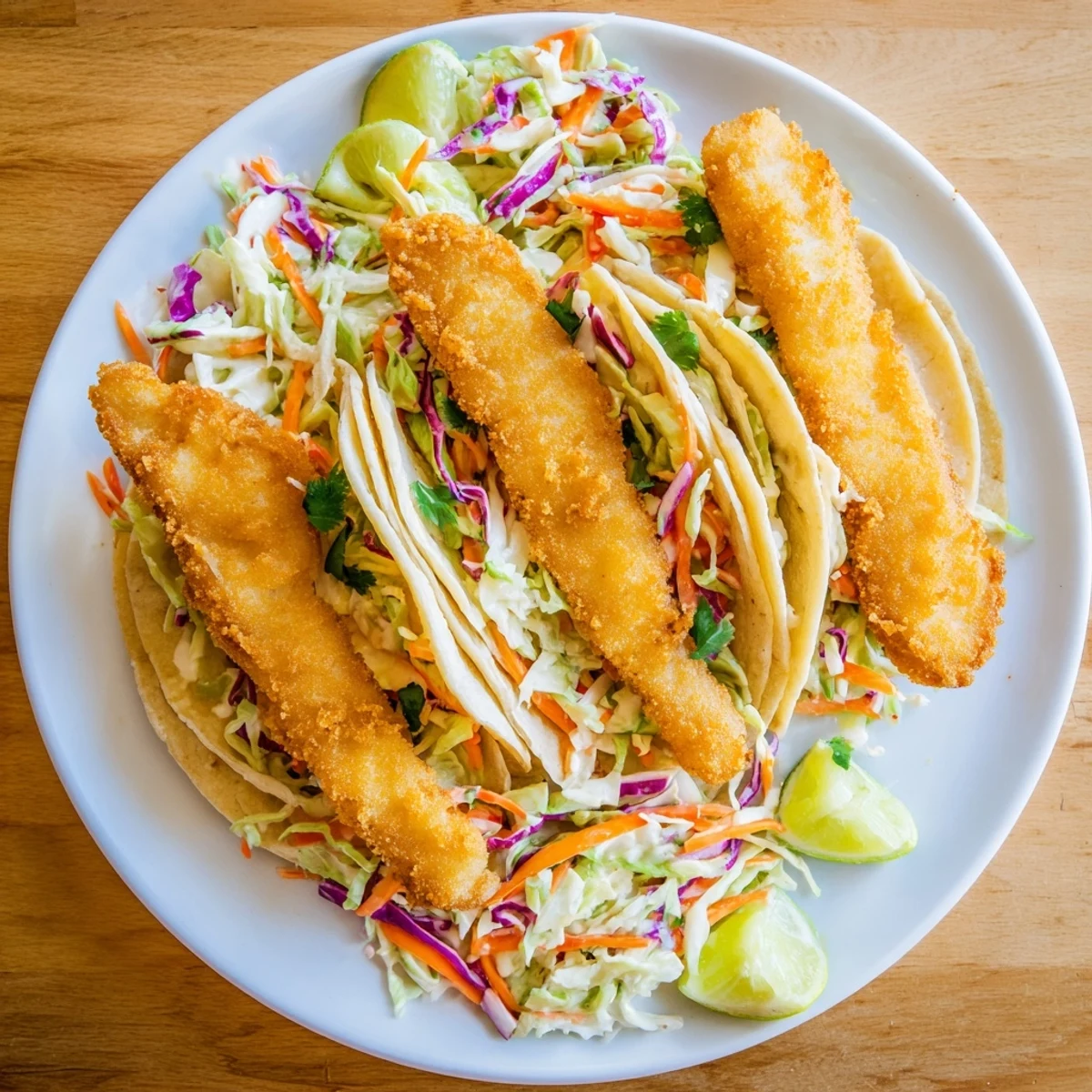 Hand-held crispy fish tacos featuring crunchy battered fish and zesty fresh cabbage slaw