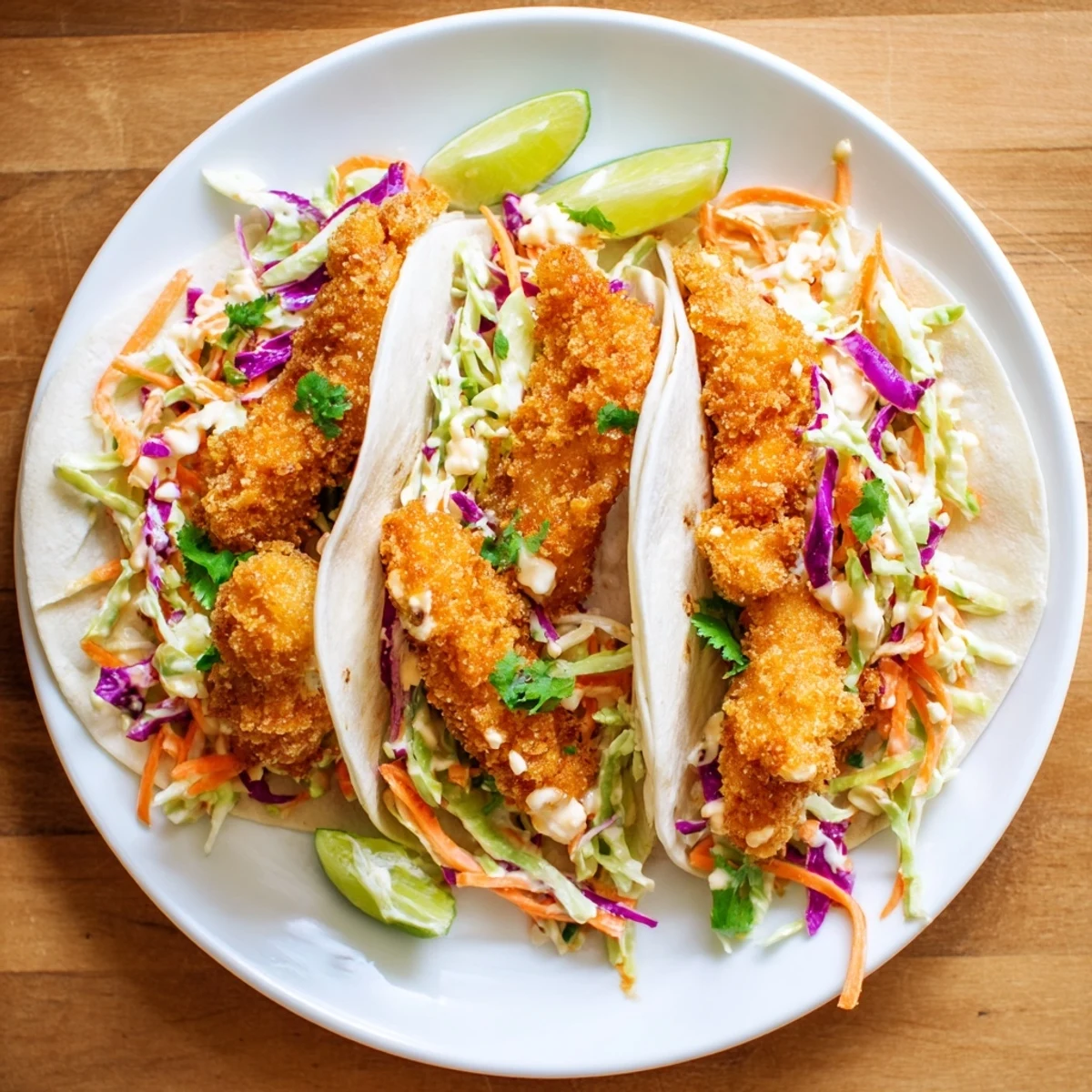 Close up of crispy fish tacos loaded with tangy cilantro lime slaw and lime