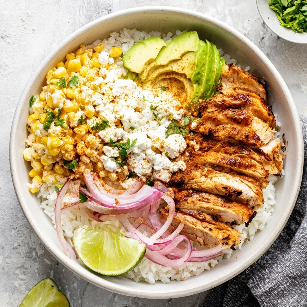Vibrant Mexican-inspired street corn chicken bowl topped with zesty lime wedges and crumbled cotija