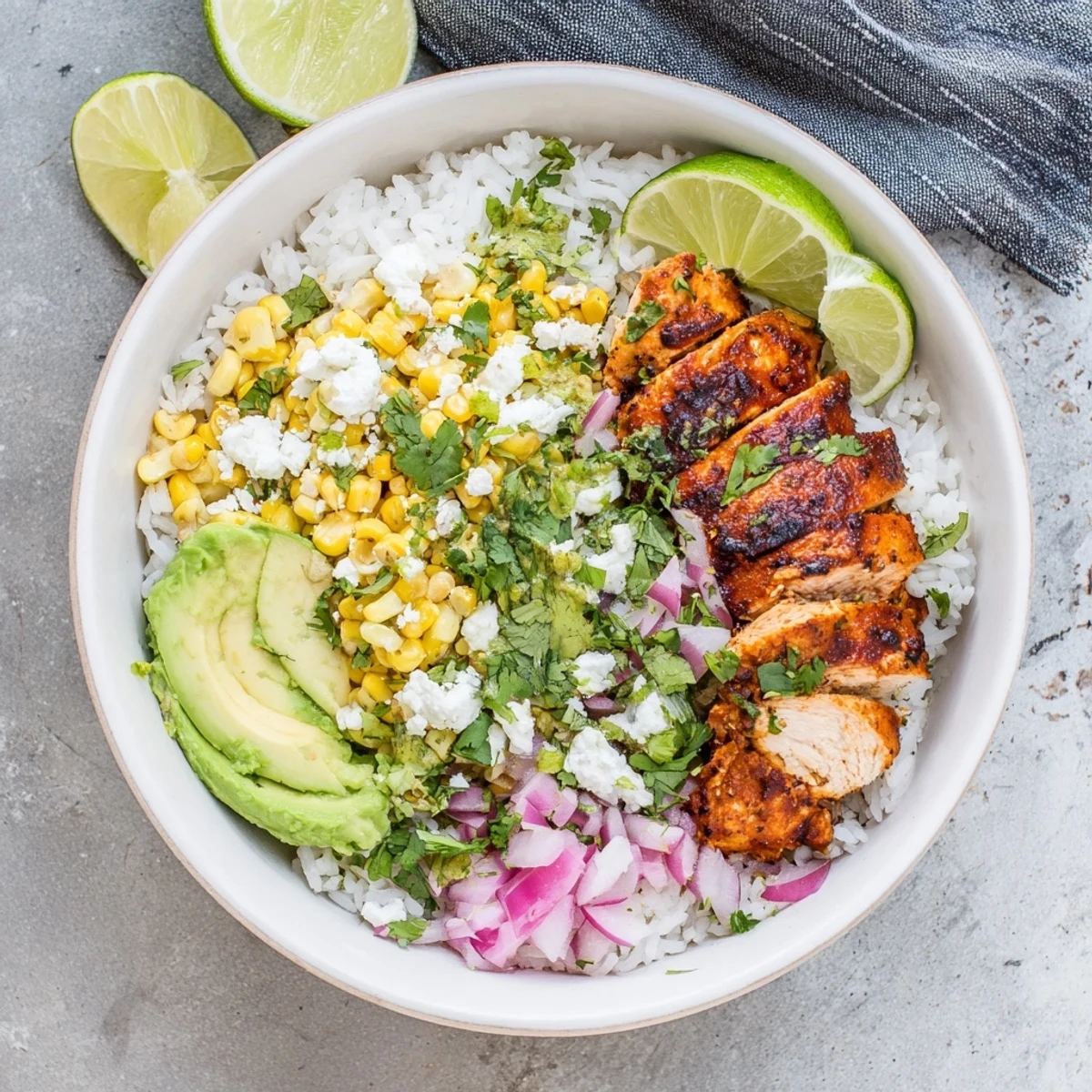 Golden grilled chicken slices atop fluffy white rice with creamy street corn and fresh avocado