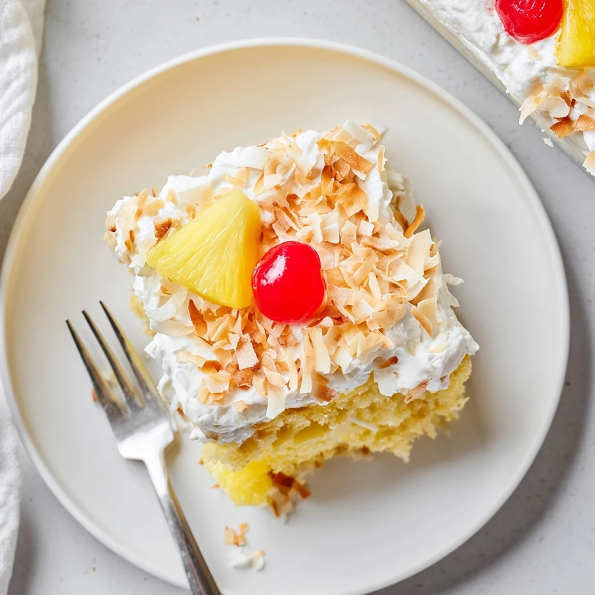 Hawaiian poke cake topped with fluffy whipped cream and golden toasted coconut flakes