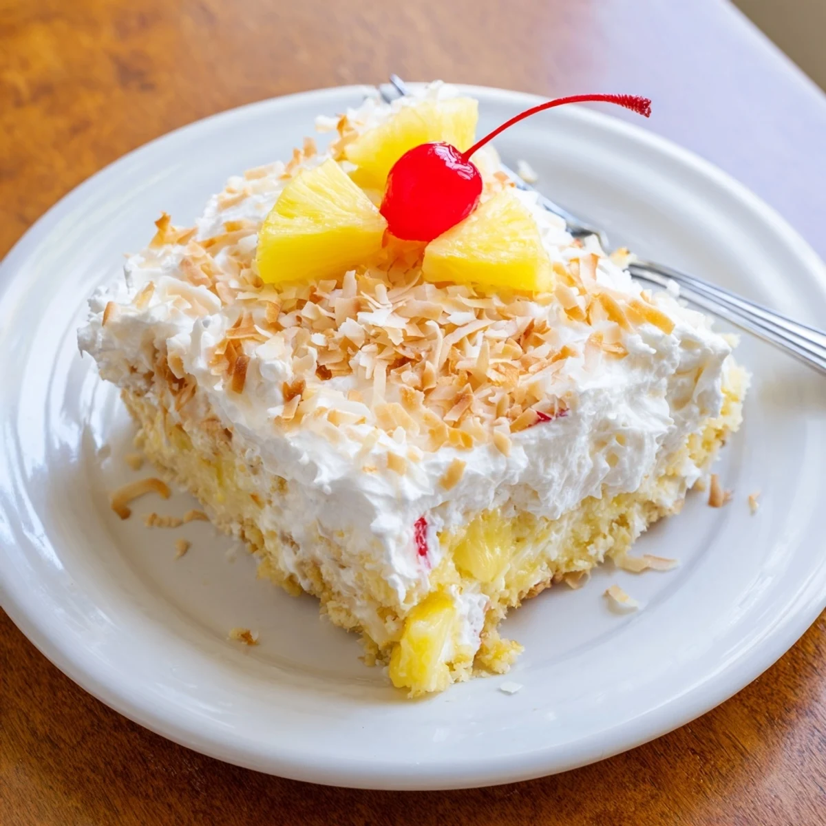 Tropical Hawaiian poke cake drizzled with sweet coconut milk and pineapple garnish
