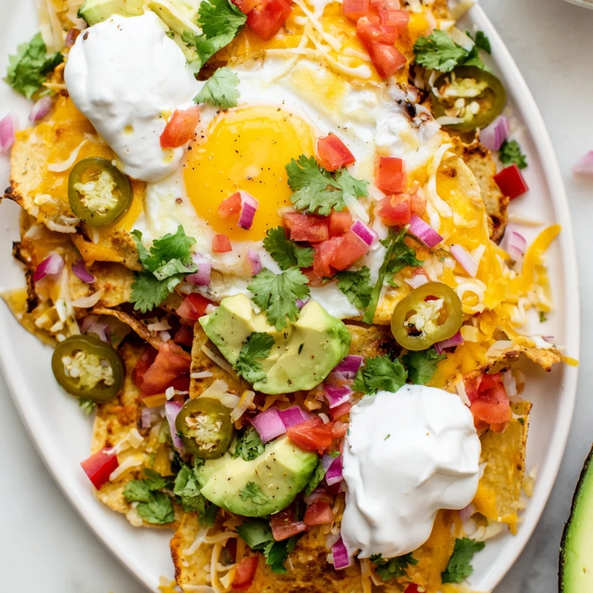 Crispy tortilla chips loaded with melted cheddar cheese and sunny-side up eggs topped with fresh avocado and salsa.