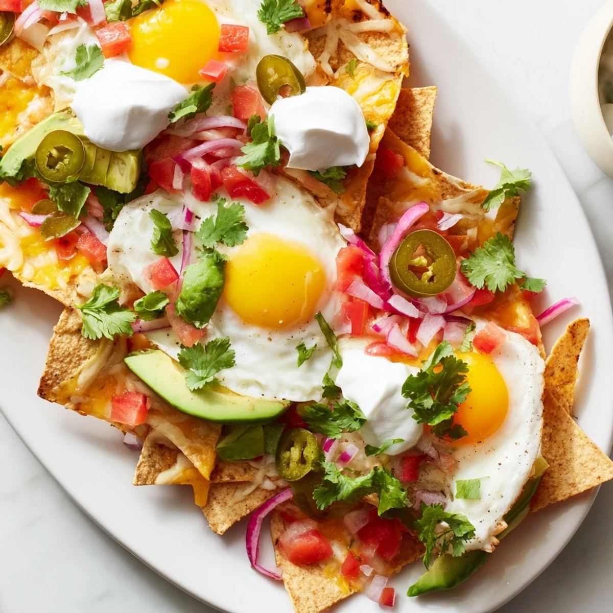 Vibrant Mexican egg nachos featuring runny yolks, diced tomatoes, cilantro, jalapeños, and drizzled sour cream on a platter.