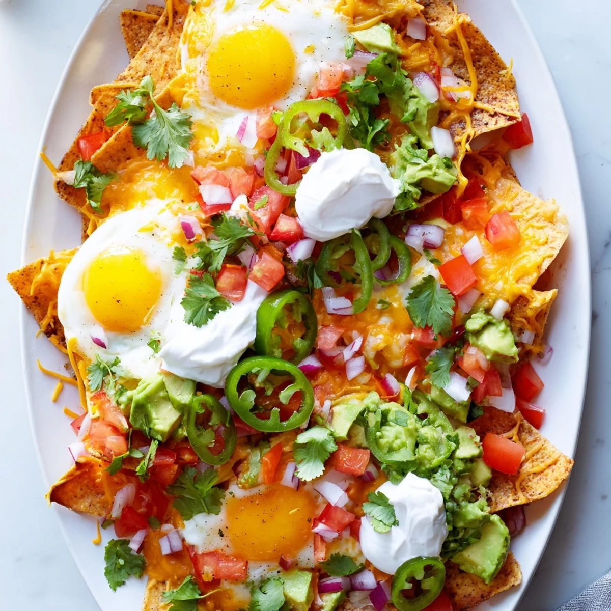 Golden tortilla chips baked with bubbly cheese, topped with perfectly fried eggs, creamy avocado, and zesty fresh pico de gallo.