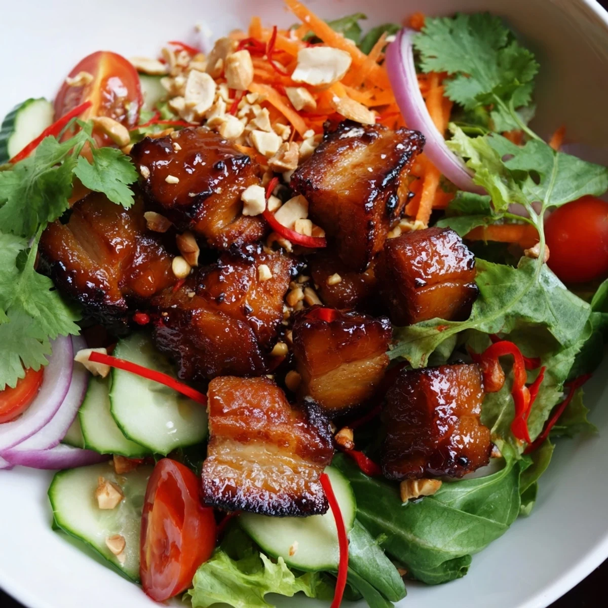 Vibrant Asian fusion salad featuring glazed pork belly over mixed greens, cucumber, and colorful vegetables