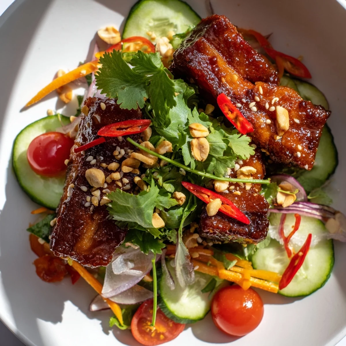 Bite-sized crispy pork belly pieces coated in tangy sweet and sour sauce atop a bed of fresh salad greens