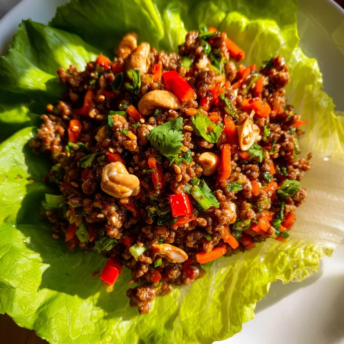 Fresh beef and cashew lettuce cups filled with savory seasoned meat and crunchy chopped cashews