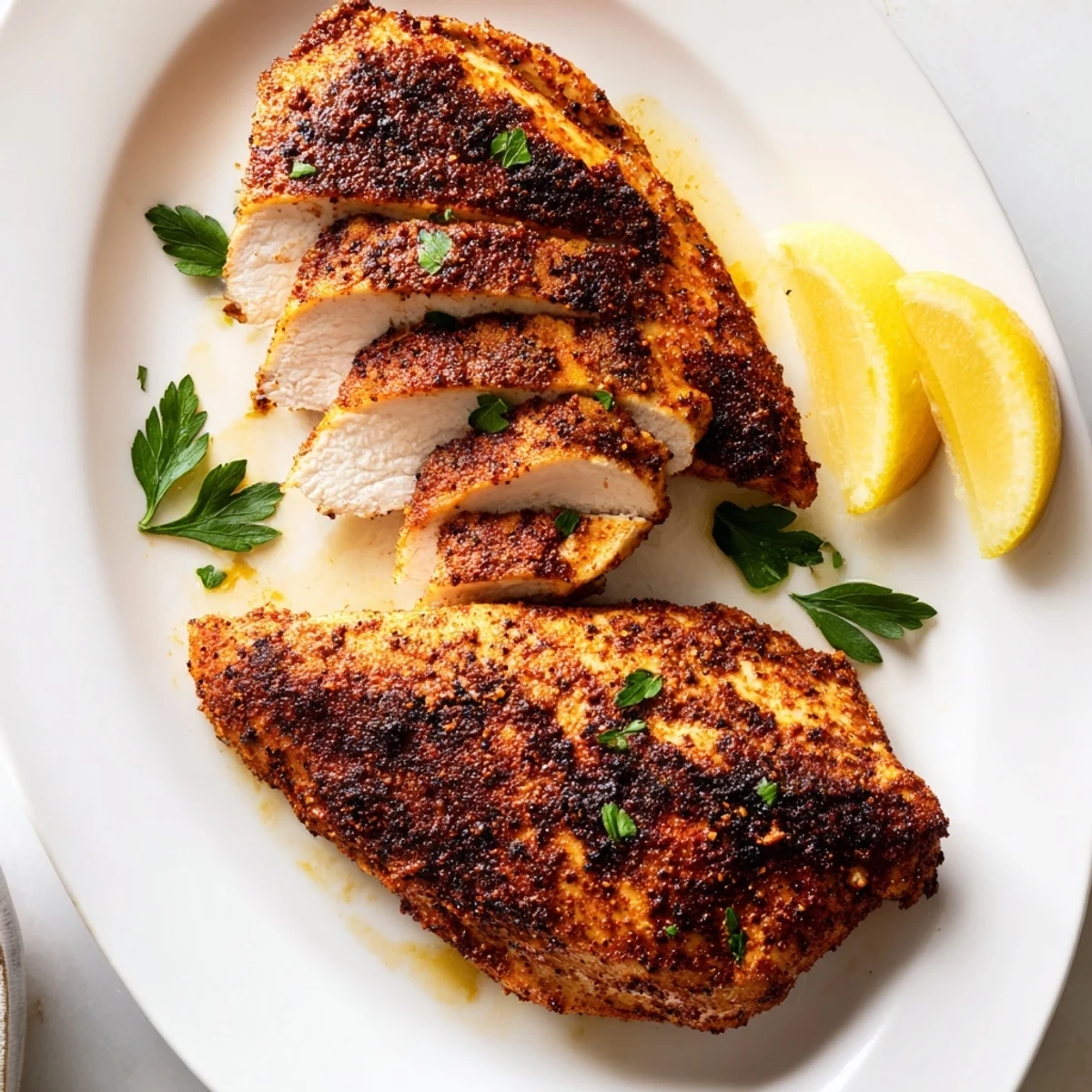 Juicy blackened chicken sliced to reveal tender meat with smoky seasoning and lemon wedge