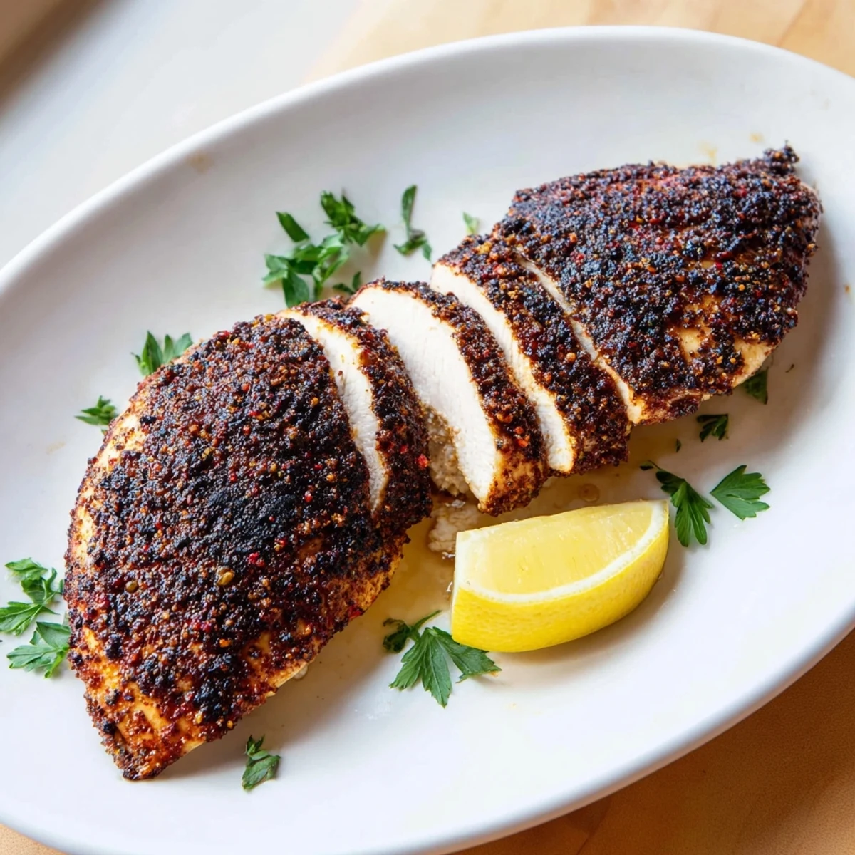 Cast iron skillet blackened chicken with caramelized dark spices and fresh parsley garnish
