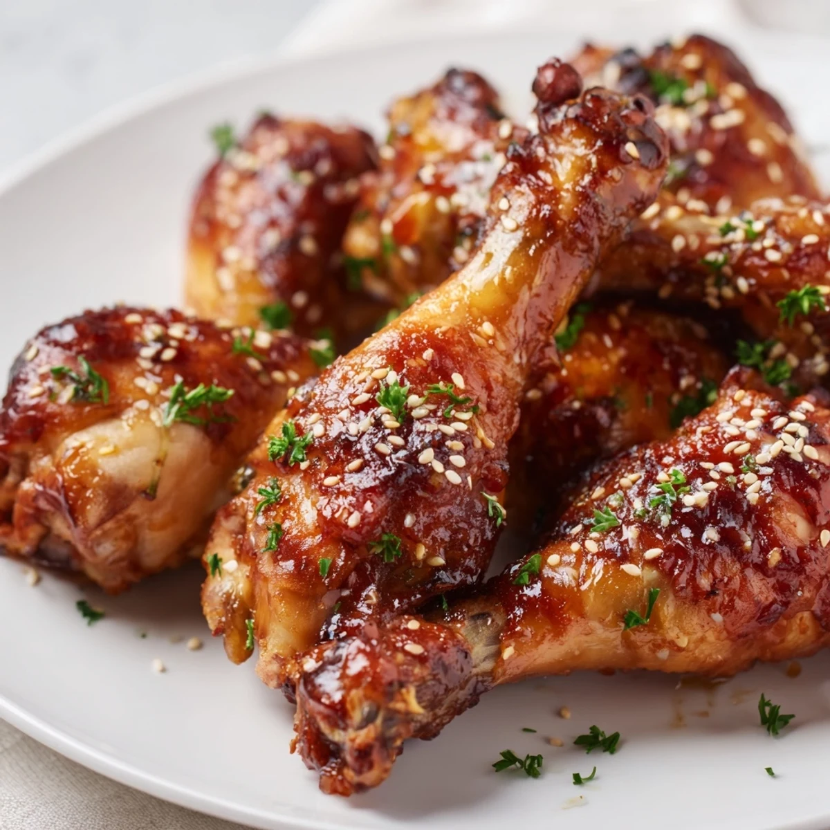Golden brown honey garlic baked chicken drumsticks coated in sticky caramelized glaze