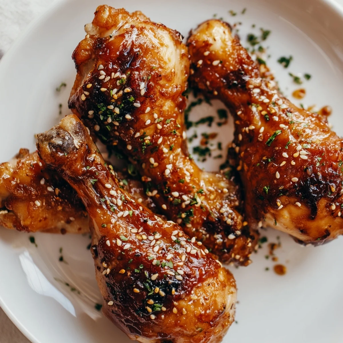 Tender baked chicken drumsticks brushed with savory honey garlic sauce and sesame seeds