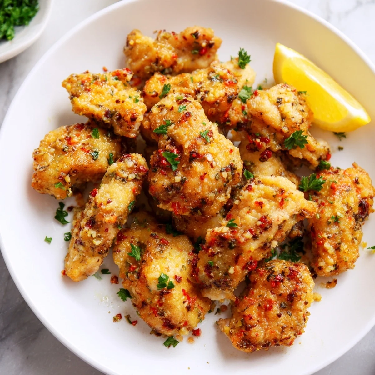 Golden air fryer lemon chicken bites arranged on a white serving plate with fresh parsley garnish