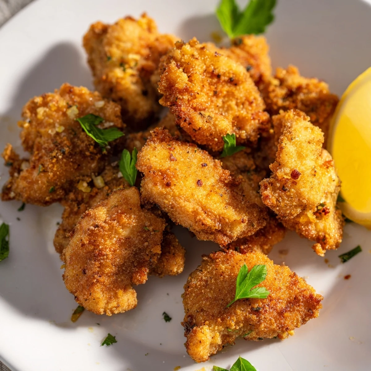 Crispy lemon herb chicken bites spilling from a rustic wooden bowl with lemon wedge accents