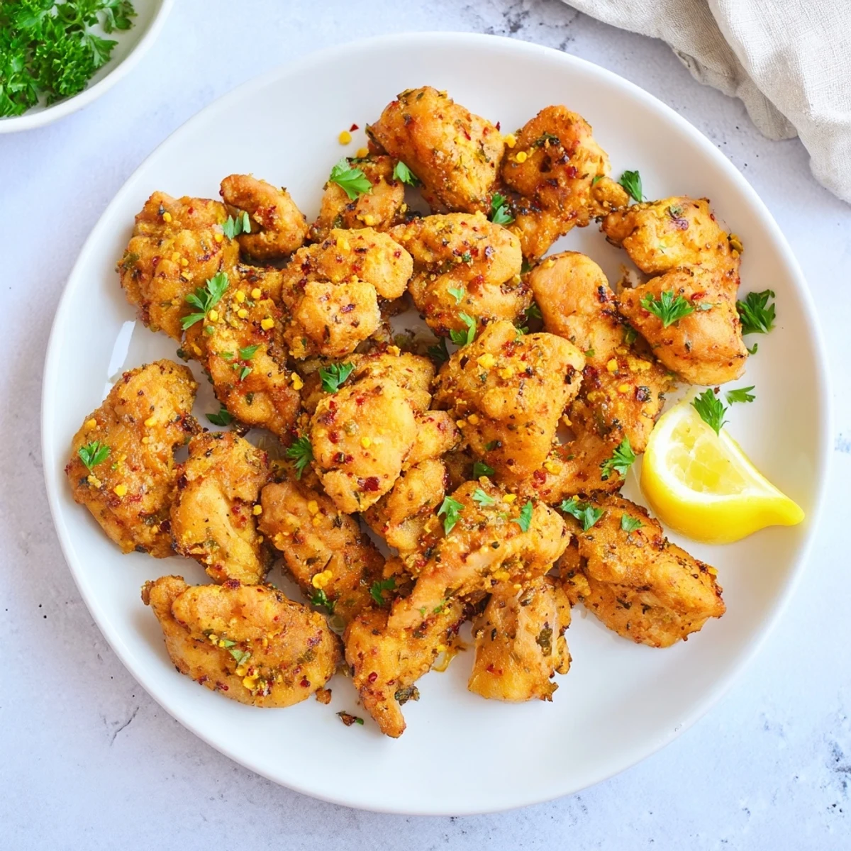 Tender air fryer chicken bites coated in zesty lemon marinade served alongside fresh green herbs